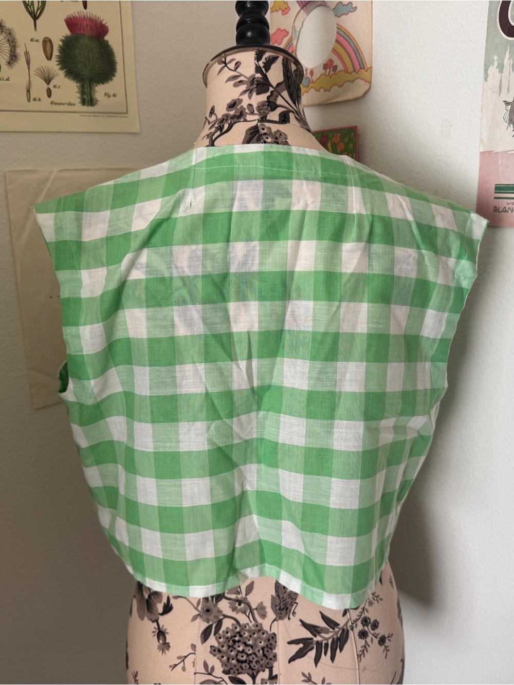 Vintage Handmade 1980s Lime Green Gingham Blouse - Picture 3 of 5